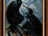 un tableau représentant deux oiseaux perchés sur un rocher au bord de l'océan