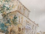 a watercolor painting of a building on the corner of a street
