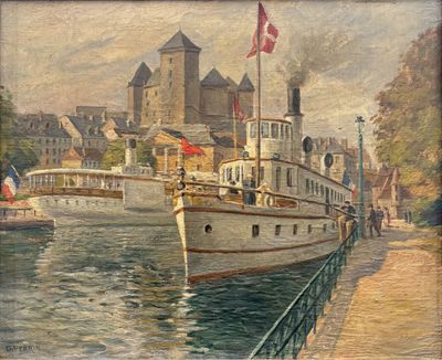 un tableau représentant un bateau sur l'eau, devant un château