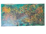 peinture abstraite sur toile représentant une scène forestière avec des arbres et des plantes
