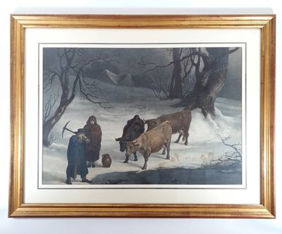 framed picture of a painting of cattle in a snowy landscape