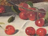 a painting of cherries on a cloth on a table