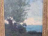 an oil painting of a landscape with trees and water in a gold frame