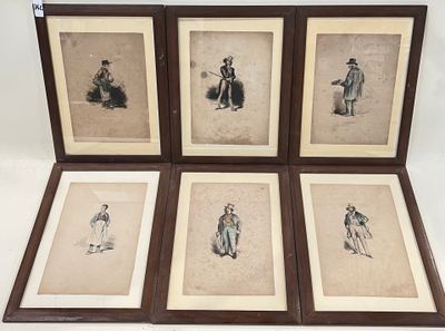 Ensemble de six estampes en couleur représentant des métiers…