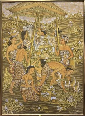 une image d'une peinture représentant un groupe de personnes dans un champ