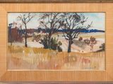 an image of a painting of a field with trees in the background