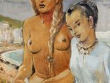 tableau représentant une femme et un enfant assis l'un à côté de l'autre sur une plage