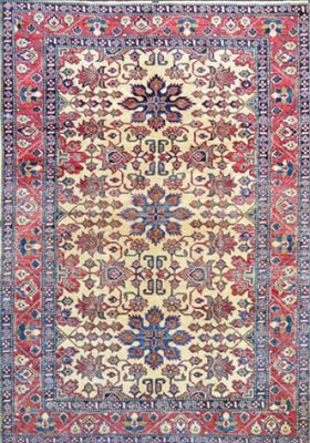 an antique persian rug with a red and blue border