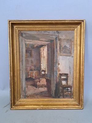an oil painting of a room with a chair and a window