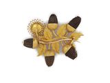 yellow and brown broochle with flowers and leaves on a white background