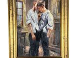tableau à l'huile encadré représentant deux hommes debout devant une fenêtre