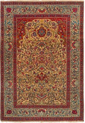 a red and gold rug with a floral design on it