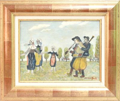 tableau représentant un groupe de personnes jouant de la musique dans un champ