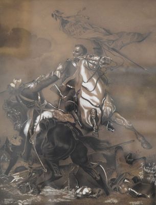 un tableau représentant un homme à cheval, avec un oiseau en arrière-plan