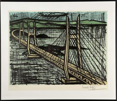 une image représentant un dessin d'un pont enjambant un plan d'eau