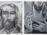 Deux tableaux représentant Jésus et un démon sont présentés en noir et blanc