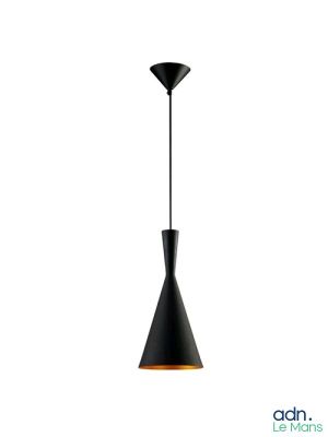 a black pendant light hanging from a white ceiling