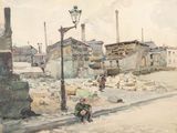 a painting of a man sitting on a street corner