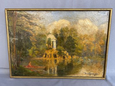 a painting of a lake with a gazebo in the background