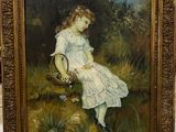 painting of a young girl in a white dress holding a basket of flowers