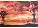 a picture of a painting of a windmill and a windmill on a field