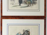 two framed pictures of a man and a woman sitting on a bench