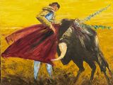 tableau représentant un taureau et une femme en robe rouge, debout l'un à côté de l'autre