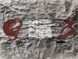 graffiti on a wall of a man with a knife and a piece of paper with writing on it