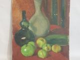 un tableau représentant des pommes et un vase posés sur une table