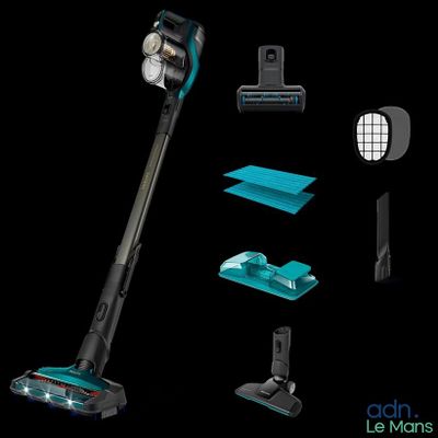 un gros plan d'un aspirateur noir et bleu avec divers accessoires