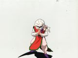 cellule d'animation représentant un homme portant un chapeau blanc et une tenue rouge et verte
