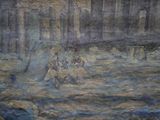 a painting of a group of people riding horses in the water