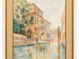 une aquarelle représentant un canal avec des bâtiments en arrière-plan