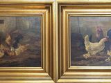 painting of chickens and chickens in a barn by a window