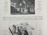 two pages of an old book with pictures of buildings