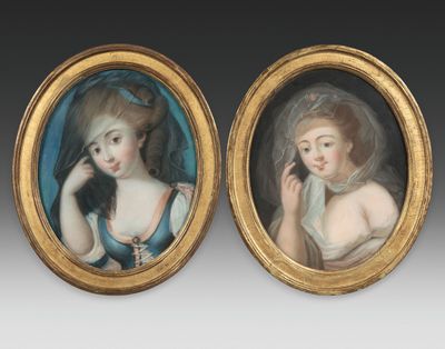 paire de portraits miniatures d'une dame et d'une dame en robe bleue
