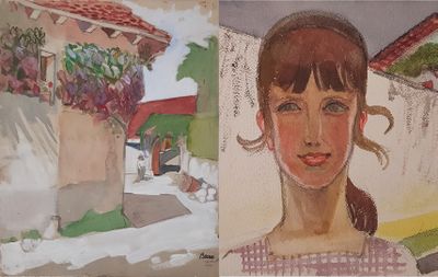 a painting of a woman in a dress and a painting of a woman in a pink dress