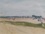 une peinture représentant une scène de plage avec des gens sur le sable