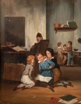 tableau représentant un groupe d'enfants assis par terre dans une pièce