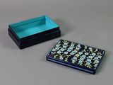 a small blue box with a black lid and a small blue box with a black lid