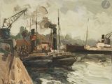 une peinture représentant un bateau dans l'eau près d'un quai