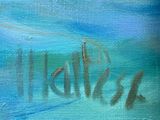 an oil painting of a boat in the ocean with the word hawaii written on it