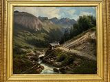 une image représentant un tableau représentant un paysage de montagne avec un ruisseau au premier plan