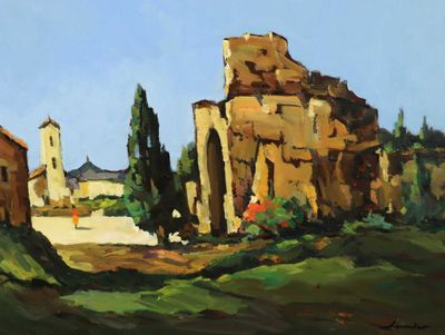 une peinture à l'huile représentant un village avec une église à l'arrière-plan