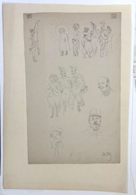 an old drawing of a group of people standing in front of a wall