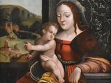 une image d'une peinture représentant une femme tenant un bébé