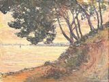 une peinture à l'huile représentant des arbres sur une colline surplombant un plan d'eau