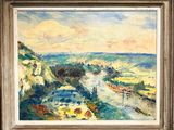 une peinture à l'huile représentant un paysage avec une rivière au premier plan