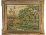 une peinture à l'huile représentant un paysage avec des arbres et un ruisseau