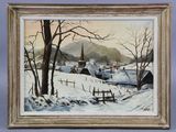 an oil painting of a snowy landscape with a church in the distance